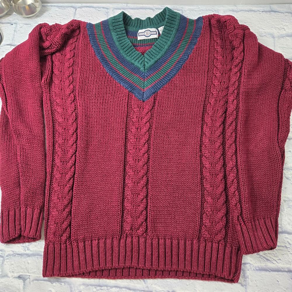 Vintage Gulf Traders Men's Sweater Red Cable Vneck Varsity Ribbed Trim Medium